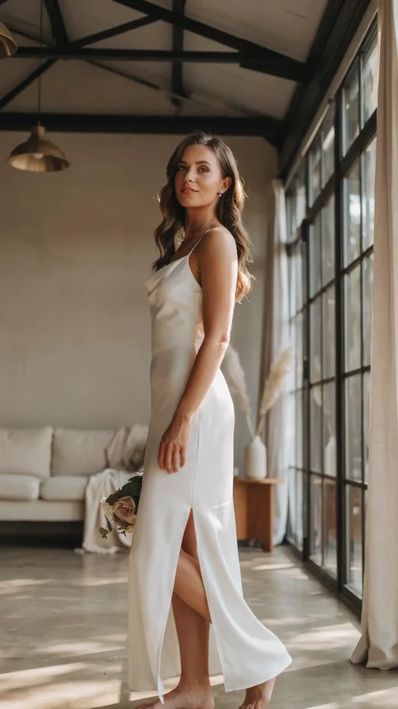Sleek-White-Minimal-Slip-Dress-With-a-Delicate-Thigh-High-Slit Sleek White Minimal Slip Dress With a Delicate Thigh-High Slit