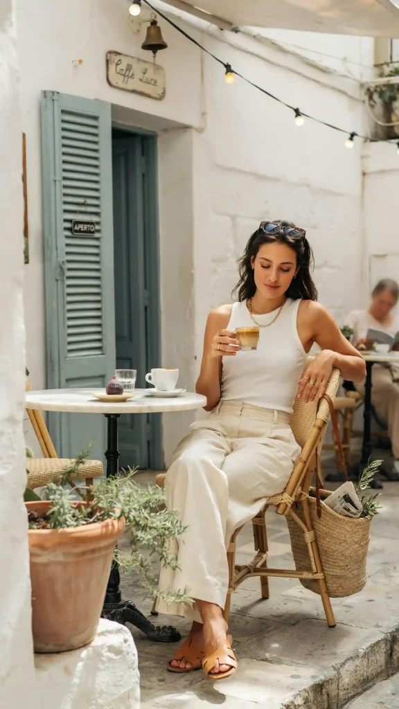Sleeveless-White-Fitted-Top-With-Cream-Wide-Leg-Trousers Sleeveless White Fitted Top With Cream Wide-Leg Trousers