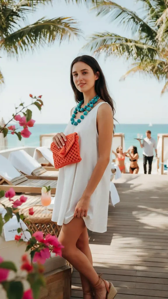 Sleeveless-White-Shift-Dress-With-Bold-Accessories Sleeveless White Shift Dress With Bold Accessories