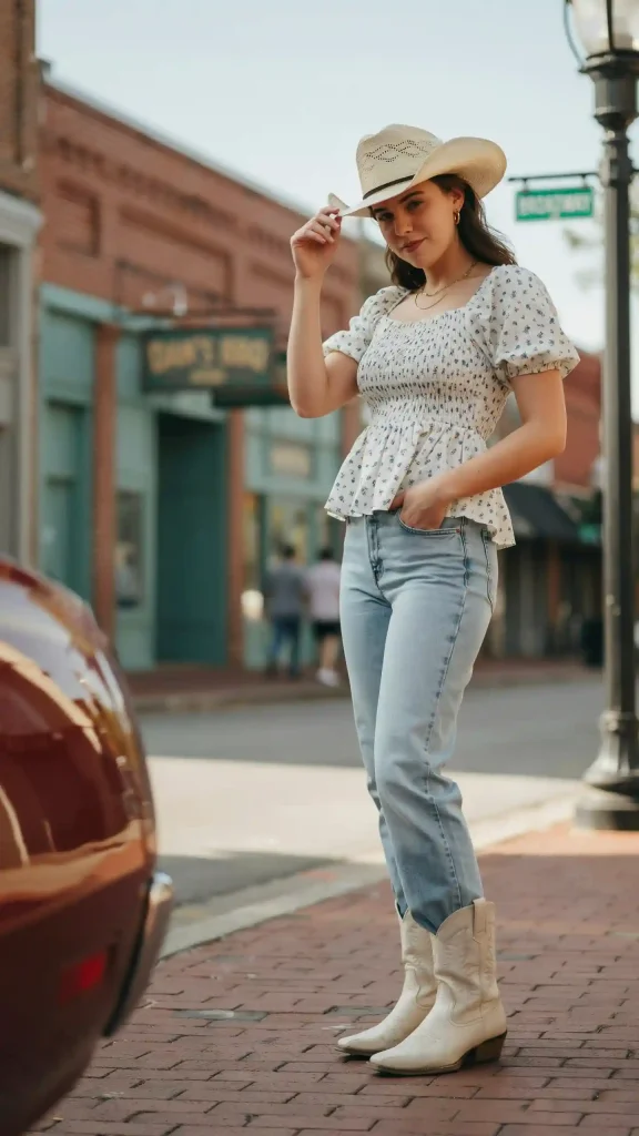 Smocked-Floral-Top-Denim-Western-Boots Smocked Floral Top Denim Western Boots