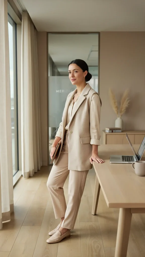 Soft-Beige-Waistcoat-Trousers-Set-Minimal-Corporate-Summer-Outfit-Style Soft Beige Waistcoat Trousers Set Minimal Corporate Summer Outfit Style