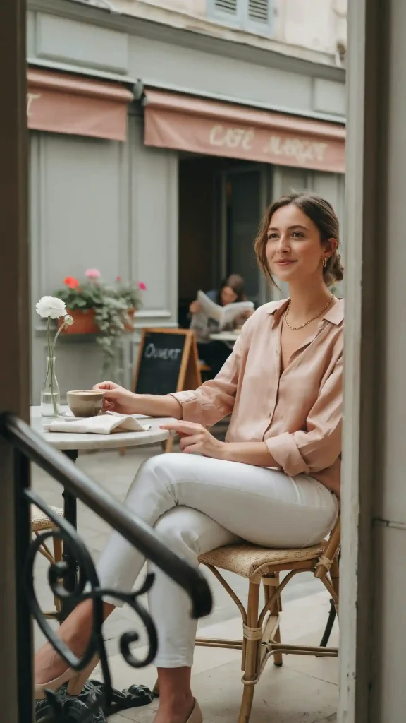 Soft-Blush-Pink-Blouse-With-White-Fitted-Jeans Soft Blush Pink Blouse With White Fitted Jeans