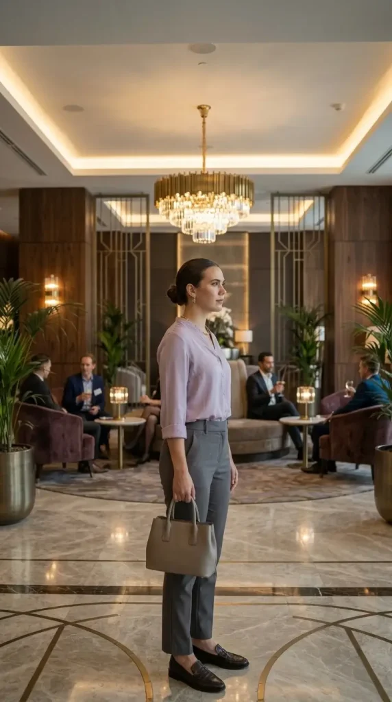 Soft-Lavender-Silk-Blouse-With-Gray-Tailored-Ankle-Pants Soft Lavender Silk Blouse With Gray Tailored Ankle Pants
