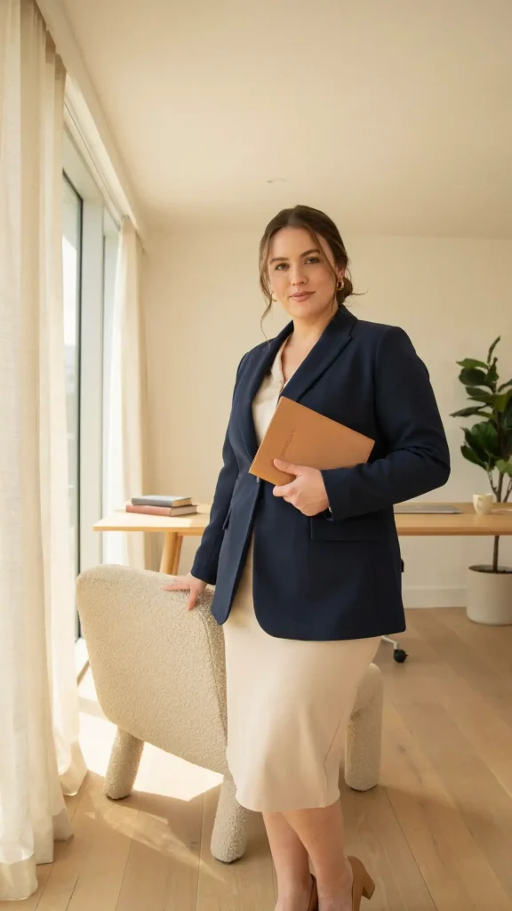 Soft-Navy-Blue-Blazer-With-Cream-Blouse-Beige-Pencil-Skirt-Outfit Soft Navy Blue Blazer With Cream Blouse & Beige Pencil Skirt Outfit