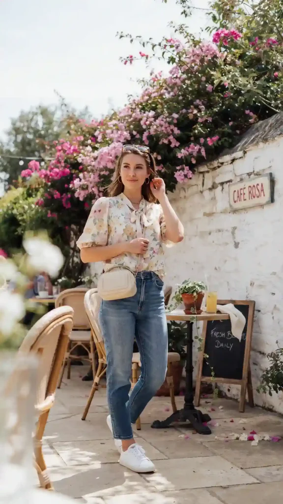 Soft-Pastel-Printed-Floral-Blouse-With-High-Waisted-Jeans Soft Pastel Printed Floral Blouse With High-Waisted Jeans