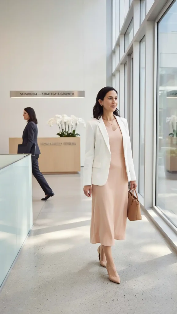 Soft-Peach-Midi-Dress-Layered-Over-Crisp-White-Blazer Soft Peach Midi Dress Layered Over Crisp White Blazer