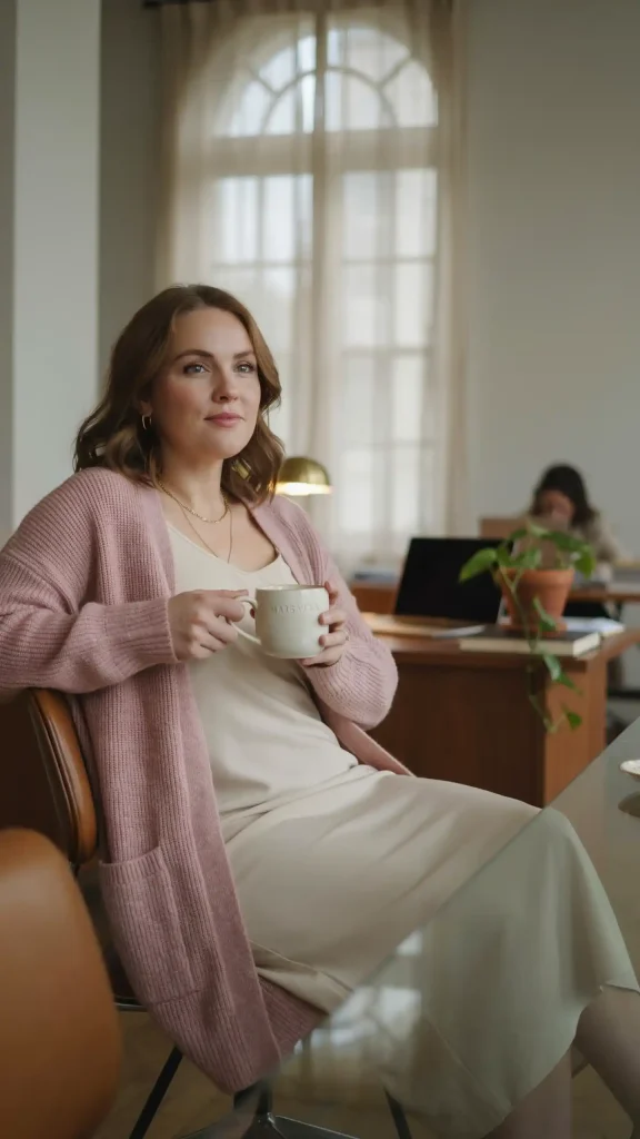Soft Pink Cardigan with Cream Dress Work Outfit Idea