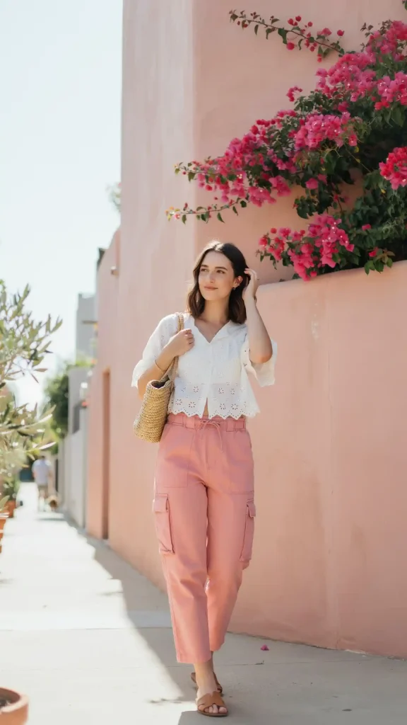 Soft-Pink-Cargo-Pants-With-White-Eyelet-Crop-Blouse Soft Pink Cargo Pants With White Eyelet Crop Blouse