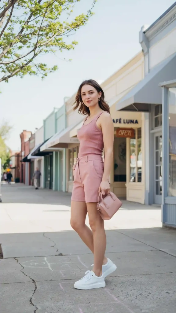 Soft-Pink-Matching-Shorts-Set-With-White-Platform-Sneakers Soft Pink Matching Shorts Set With White Platform Sneakers