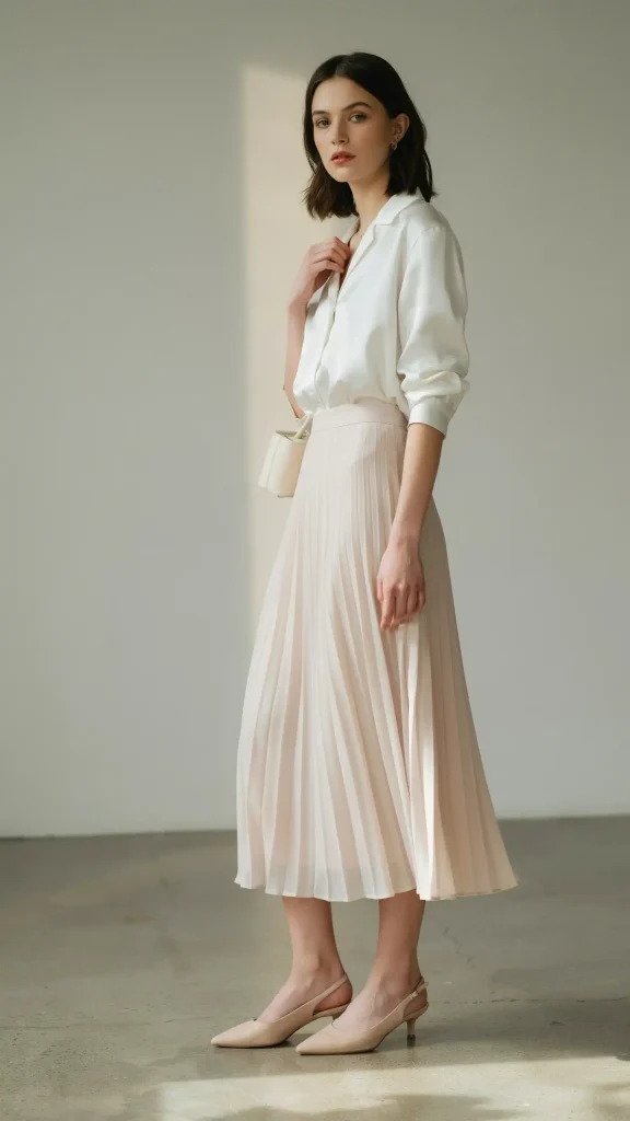 Soft-Pink-Pleated-Skirt-With-White-Satin-Shirt Soft Pink Pleated Skirt With White Satin Shirt
