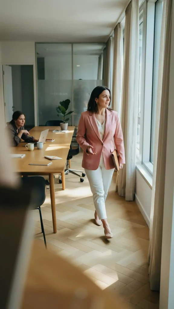 Soft-Pink-Tailored-Blazer-With-White-Fitted-Cigarette-Pants Soft Pink Tailored Blazer With White Fitted Cigarette Pants