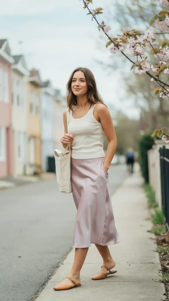 Soft-Romantic-Lilac-Satin-Skirt-with-Ribbed-Tank-Top-Outfit Soft Romantic Lilac Satin Skirt with Ribbed Tank Top Outfit