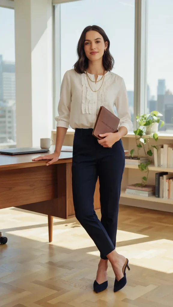 Soft-White-Ruffle-Blouse-With-Navy-Tailored-Trousers Soft White Ruffle Blouse With Navy Tailored Trousers