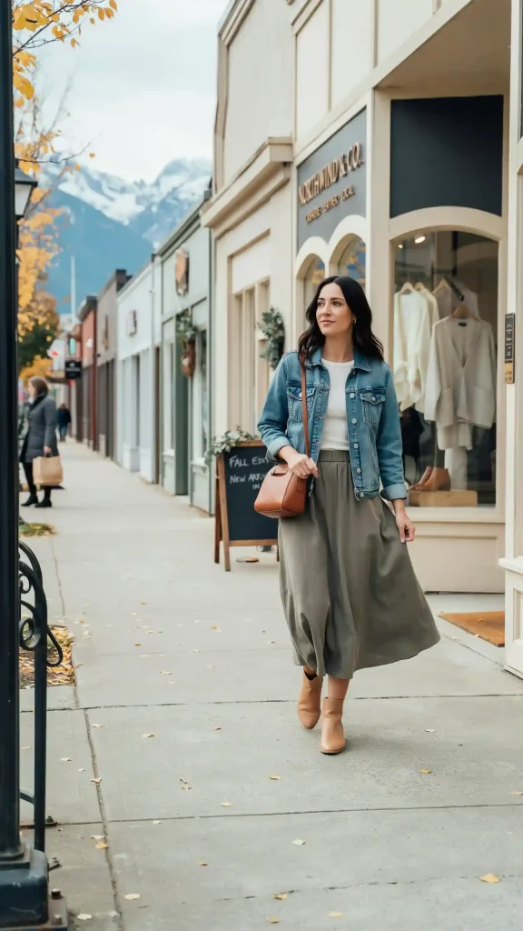 Steel-Blue-Denim-Jacket-with-Olive-Maxi-Skirt-Outfit Steel Blue Denim Jacket with Olive Maxi Skirt Outfit