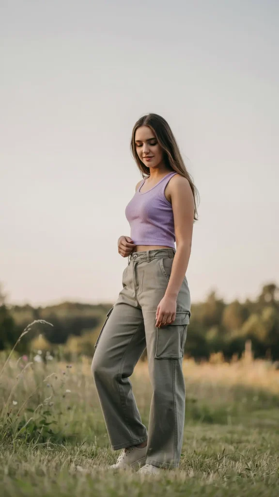 Stone-Cargo-Pants-With-Lavender-Sleeveless-Crop-Top-Outfit Stone Cargo Pants With Lavender Sleeveless Crop Top Outfit