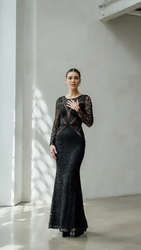 Striking-Bride-In-a-Modern-Black-Geometric-Lace-Elopement-Outfit Bride In a Modern Black Geometric Lace Elopement Outfit