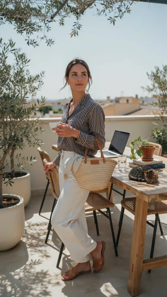 Striped Silk Shirt With White Wide-Leg Pants