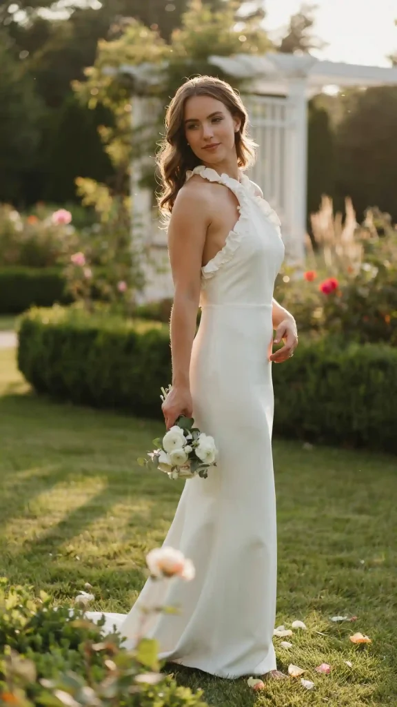 Stunning-Bride-In-a-Fitted-Ivory-Modern-Dress-With-Delicate-Ruffled-Neckline Stunning Bride In a Fitted Ivory Modern Dress With Delicate Ruffled Neckline
