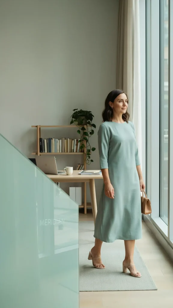 Subtle-Texture-Sage-Green-Midi-Dress-With-Nude-Block-Heels Subtle Texture Sage Green Midi Dress With Nude Block Heels