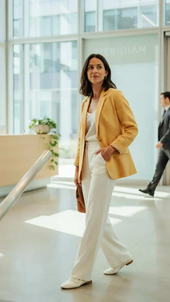 Sunshine-Yellow-Blazer-With-White-Tailored-Trousers Sunshine Yellow Blazer With White Tailored Trousers