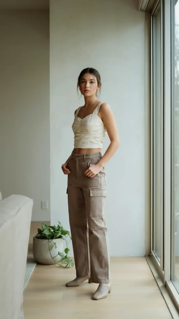 Taupe-Cargo-Pants-With-Ruched-Sleeveless-Crop-Top-Style Taupe Cargo Pants With Ruched Sleeveless Crop Top Style