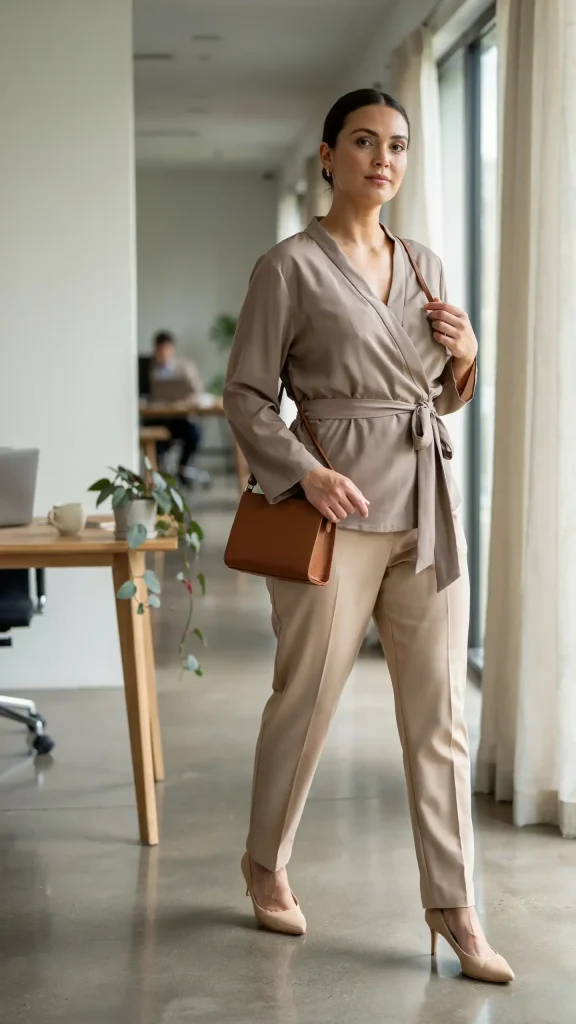 Taupe-Wrap-Top-With-High-Waist-Trousers-Plus-Size-Outfit Taupe Wrap Top With High-Waist Trousers Plus Size Outfit