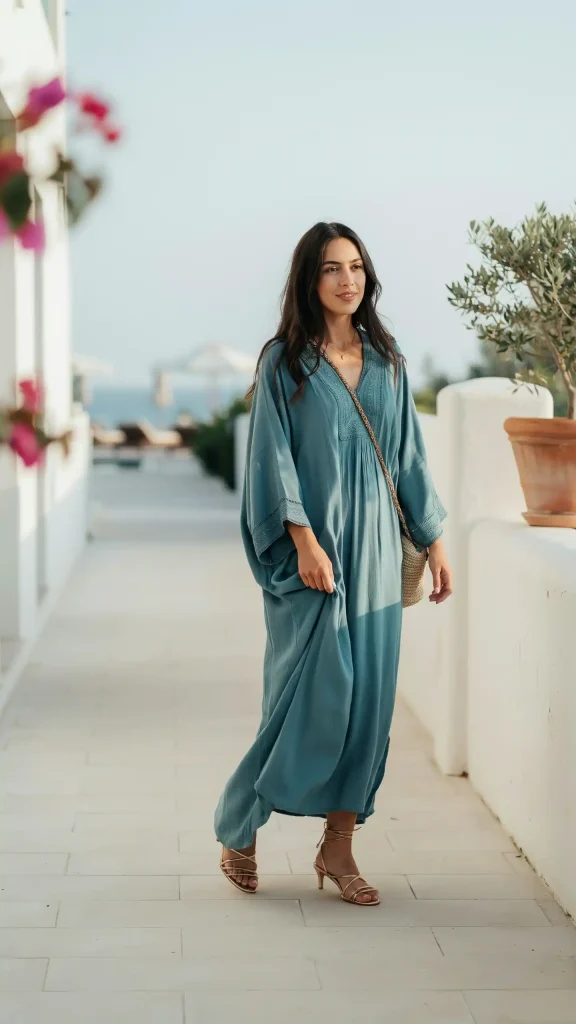 Teal-Kaftan-Dress-Resort-Style-Summer-Outfit Teal Kaftan Dress Resort Style Summer Outfit
