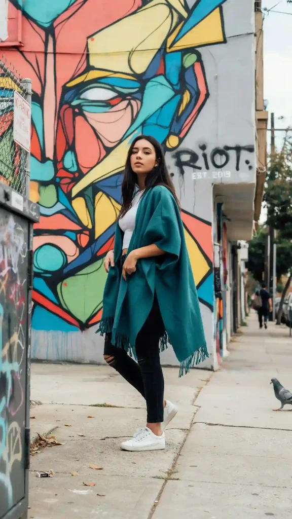 Teal-Poncho-Worn-with-Ripped-Jeans-and-Summer-Crop-Top Teal Poncho Worn with Ripped Jeans and Summer Crop Top