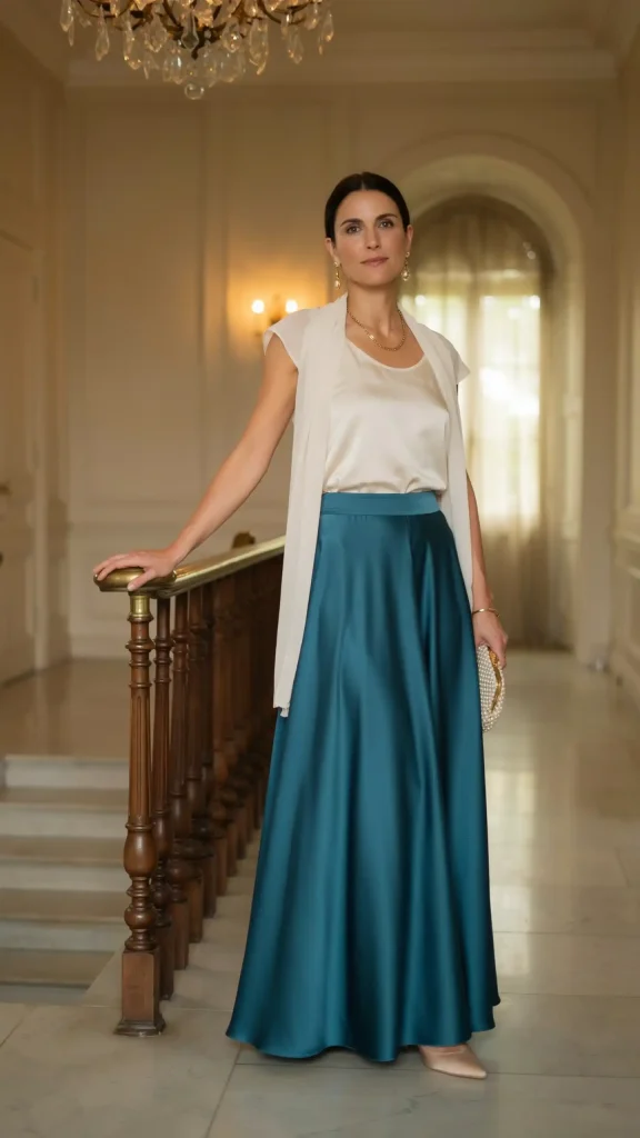 Teal-Satin-Skirt-with-Elegant-Ivory-Color-Sheer-Silk-Camisole Teal Satin Skirt with Elegant Ivory Color Sheer Silk Camisole