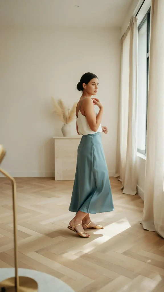 Teal-Slip-Skirt-Worn-with-a-White-Sleeveless-Blouse-and-Gold-Flat-Sandals Teal Slip Skirt Worn with a White Sleeveless Blouse and Gold Flat Sandals