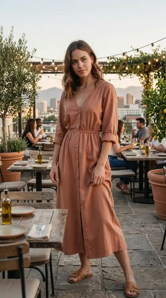 Terracotta-Button-Front-Flowy-Maxi-with-Slide-Sandals Terracotta Button Front Flowy Maxi with Slide Sandals