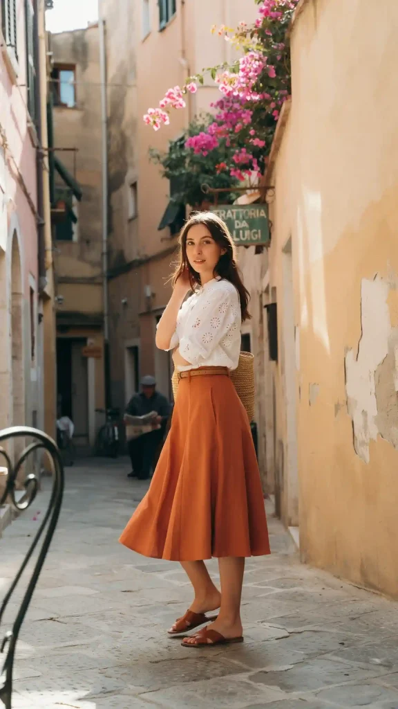 Terracotta-Midi-Skirt-With-A-White-Broderie-Blouse Terracotta Midi Skirt With A White Broderie Blouse