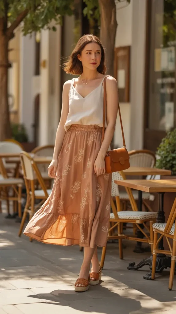 Terracotta-Midi-Skirt-With-a-Cream-Linen-Tank Terracotta Midi Skirt With a Cream Linen Tank