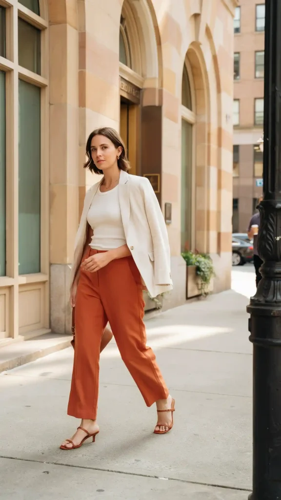 Terracotta-Wide-Leg-Trousers-With-a-Cream-Fitted-Top Terracotta Wide-Leg Trousers With a Cream Fitted Top