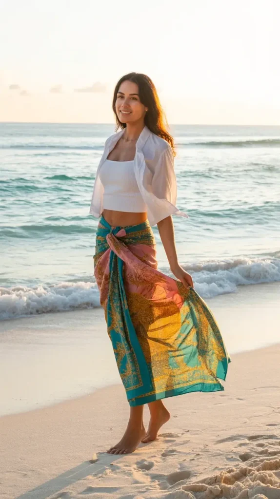 Tropical-Color-Sarong-as-a-Skirt-With-White-Shirt Tropical Color Sarong as a Skirt With White Shirt