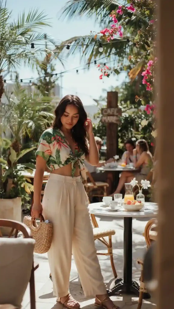 Tropical-Print-Crop-Top-and-Linen-Beige-Trousers Tropical Print Crop Top and Linen Beige Trousers