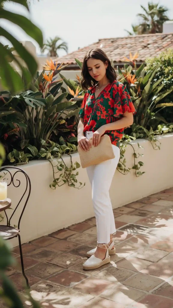 Tropical-Red-Green-Floral-Print-Blouse-With-Jeans Tropical Red & Green Floral Print Blouse With Jeans