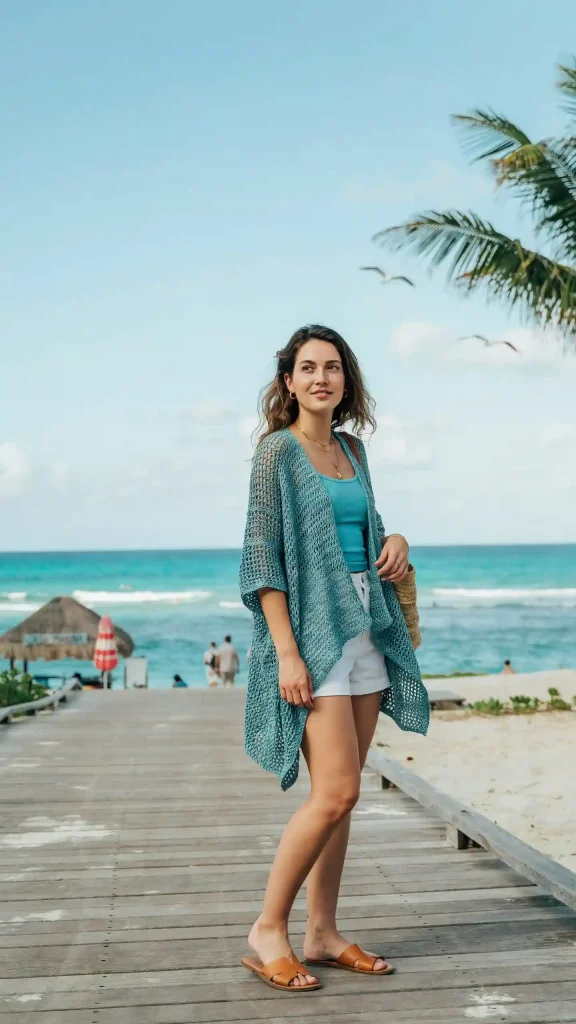 Turquoise-Poncho-Worn-with-Shorts-and-Casual-Tank-Top Turquoise Poncho Worn with Shorts and Casual Tank Top
