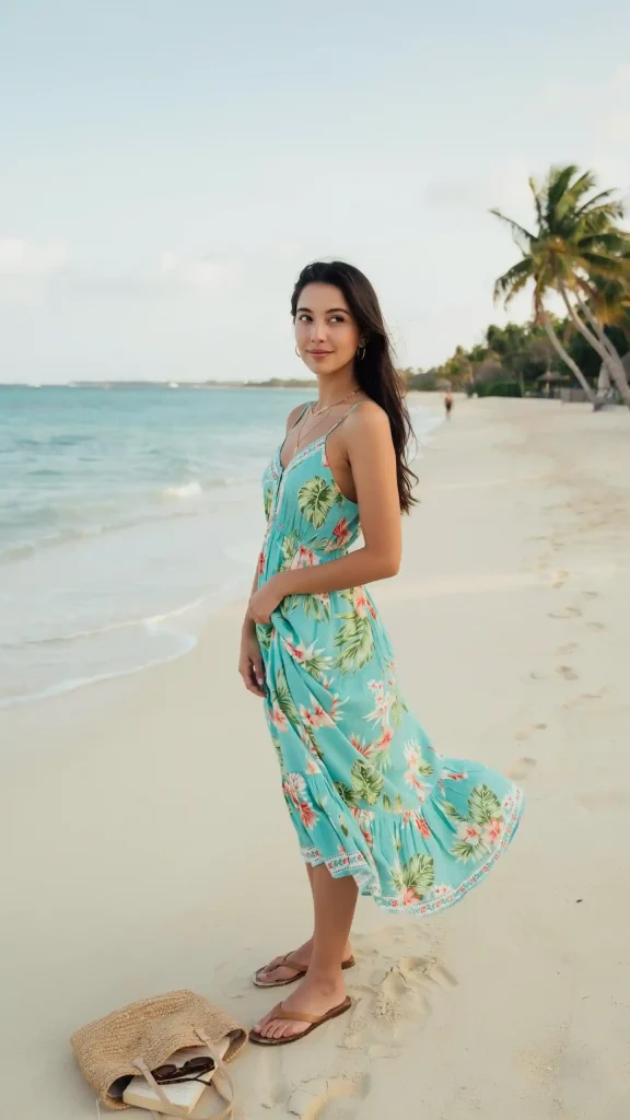 Turquoise-Tropical-Print-Flowy-Maxi-with-Beach-Flip-Flops Turquoise Tropical Print Flowy Maxi with Beach Flip Flops