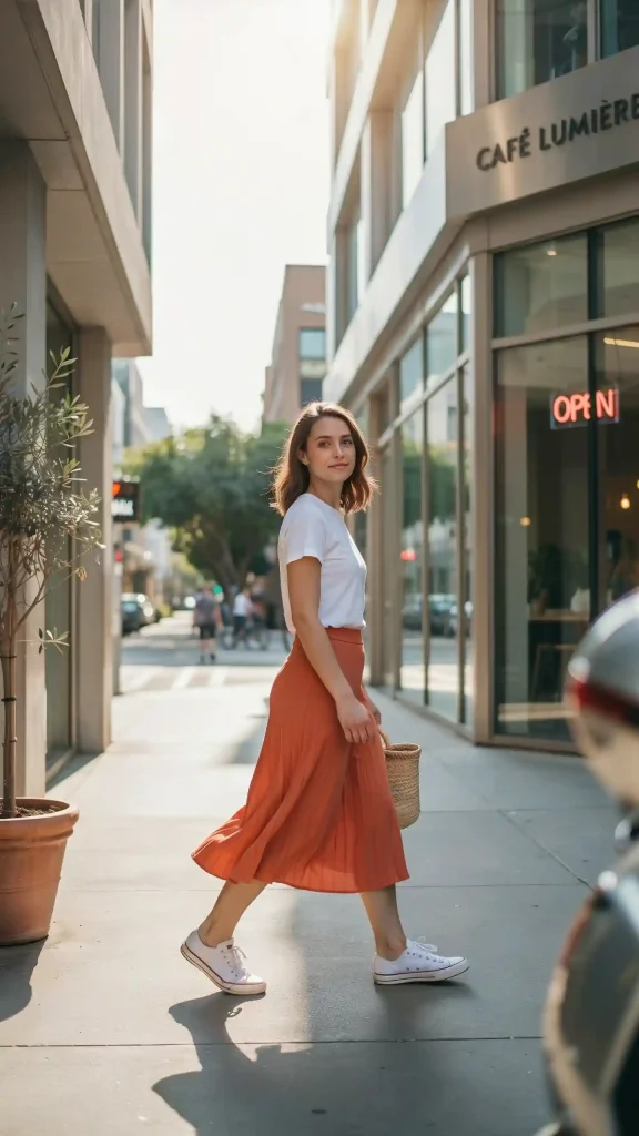 Vibrant-Midi-Skirt-with-Simple-White-Tee-Balance Vibrant Midi Skirt with Simple White Tee Balance