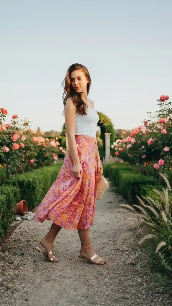 Vibrant-Pink-Orange-Floral-Maxi-Skirt-With-White-Top Vibrant Pink & Orange Floral Maxi Skirt With White Top