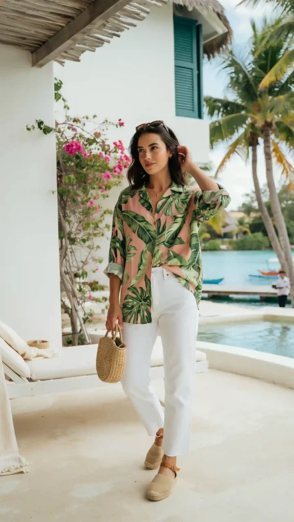 Vibrant-Tropical-Leaf-Print-Button-Up-shirt-With-White-Wide-Leg-Jeans Vibrant Tropical Leaf Print Button-Up shirt With White Wide-Leg Jeans