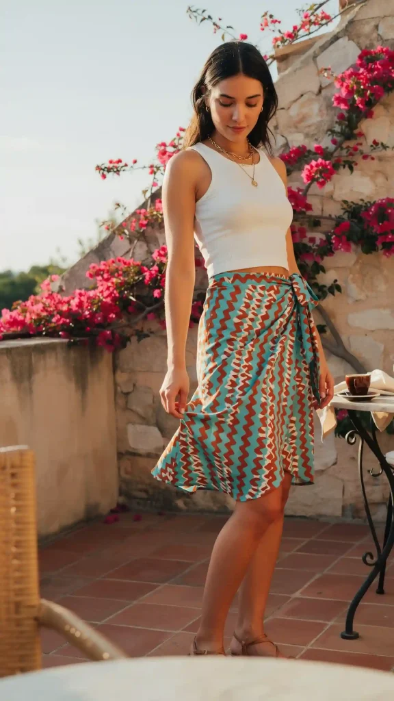 Vibrant-Turquoise-and-Orange-Geometric-Print-Wrap-Midi-Skirt Vibrant Turquoise and Orange Geometric Print Wrap