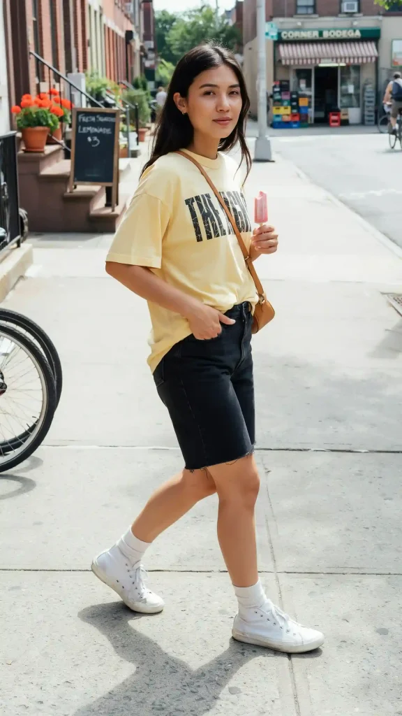 Washed-Black-Denim-Bermuda-Shorts-With-Oversized-Lemon-Yellow-Band-Tee Washed Black Denim Bermuda Shorts With Oversized Lemon Yellow Band Tee