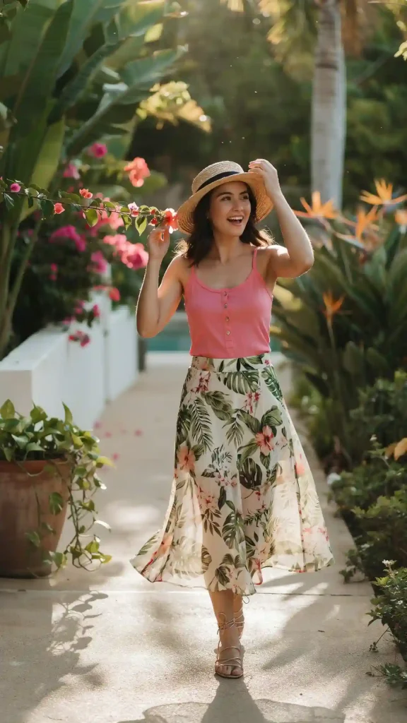 Watermelon Button Tank Top with Floral Maxi Skirt Look