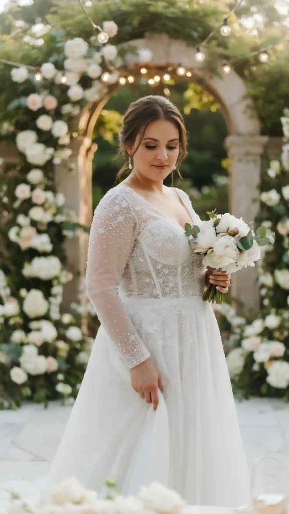 White-Beaded-Sheer-Sleeves-Intricate-Beading-Bodice-And-A-Line-Skirt White Beaded Sheer Sleeves Intricate Beading Bodice And A Line Skirt