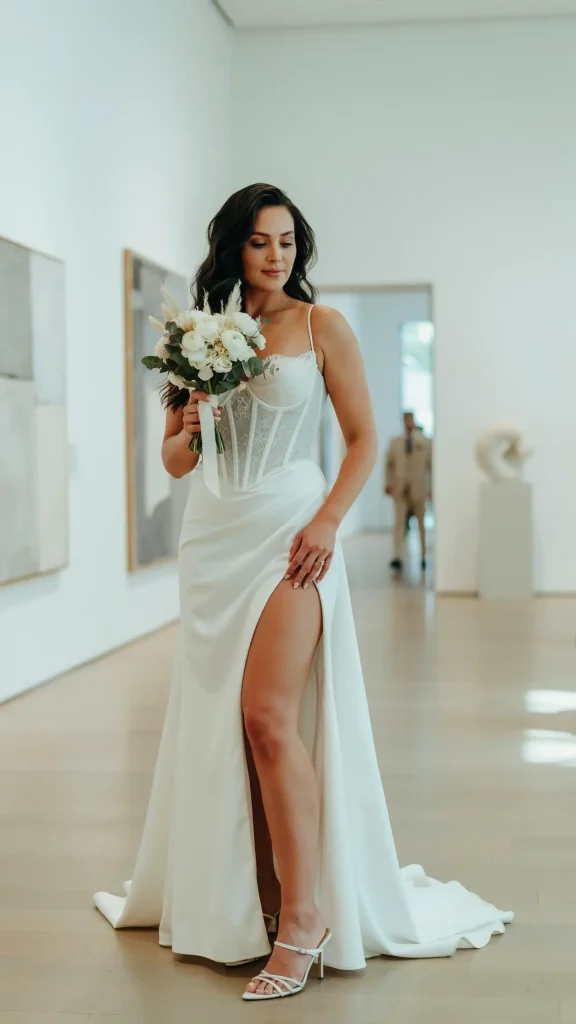 White-Corset-Wedding-Dress-With-High-Slit-Showing-Leg White Corset Wedding Dress With High-Slit Showing Leg