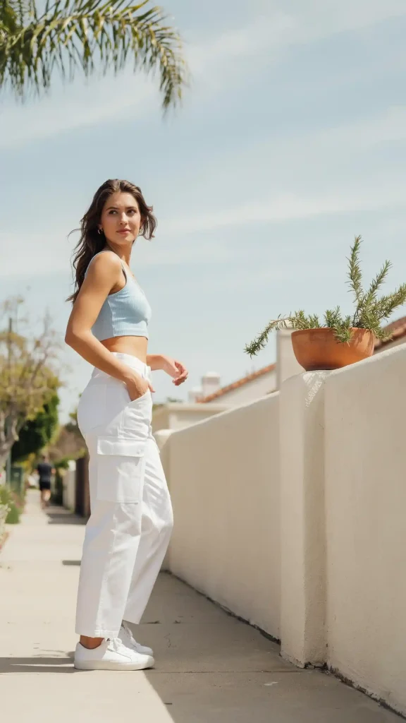 White-Cotton-Cargo-Pants-With-Sky-Blue-Crop-Cami-Outfit White Cotton Cargo Pants With Sky Blue Crop Cami Outfit