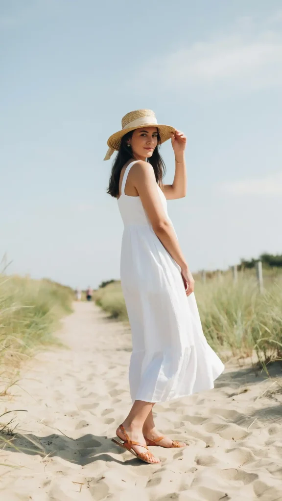 White-Cotton-Flowy-Maxi-with-Woven-Sandals-and-Straw-Hat White Cotton Flowy Maxi with Woven Sandals and Straw Hat