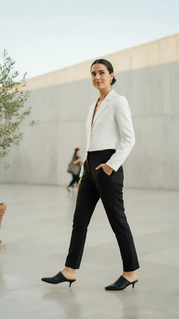 White-Cropped-Blazer-With-Black-Trousers-Contemporary-Style White Cropped Blazer With Black Trousers Contemporary Style